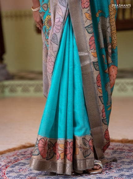Linen tussar partly saree teal blue and pista green pastel green with kalamkari prints and zari woven border