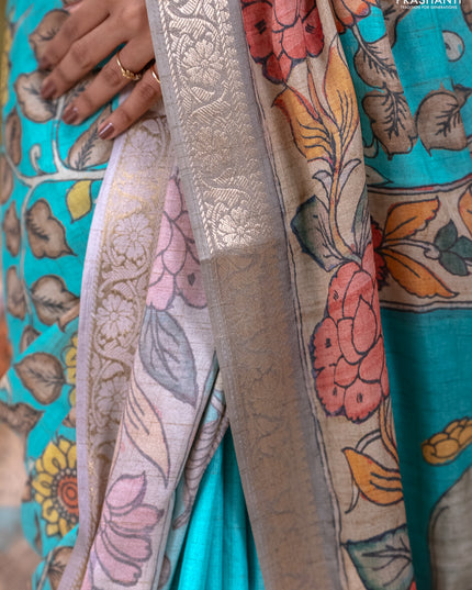 Linen tussar partly saree teal blue and pista green pastel green with kalamkari prints and zari woven border