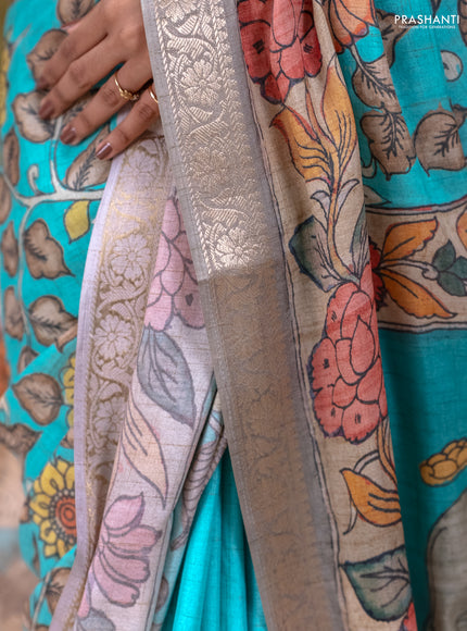Linen tussar partly saree teal blue and pista green pastel green with kalamkari prints and zari woven border