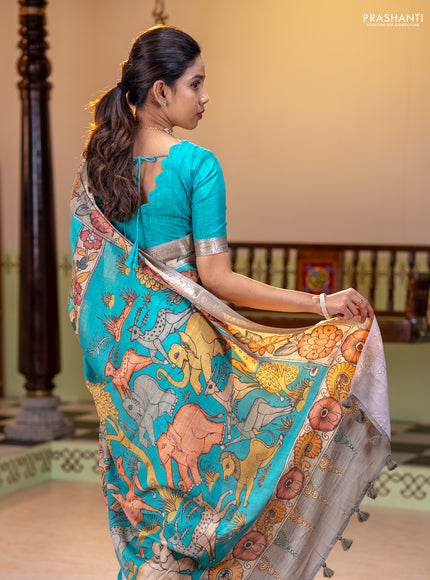 Linen tussar partly saree teal blue and pista green pastel green with kalamkari prints and zari woven border