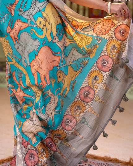 Linen tussar partly saree teal blue and pista green pastel green with kalamkari prints and zari woven border