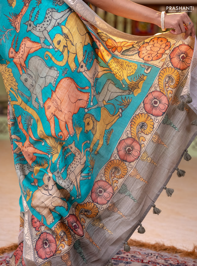 Linen tussar partly saree teal blue and pista green pastel green with kalamkari prints and zari woven border