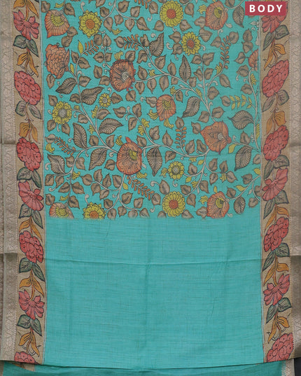 Linen tussar partly saree teal blue and pista green pastel green with kalamkari prints and zari woven border