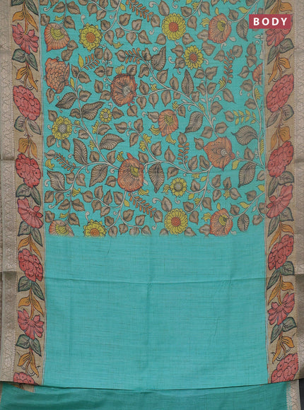 Linen tussar partly saree teal blue and pista green pastel green with kalamkari prints and zari woven border