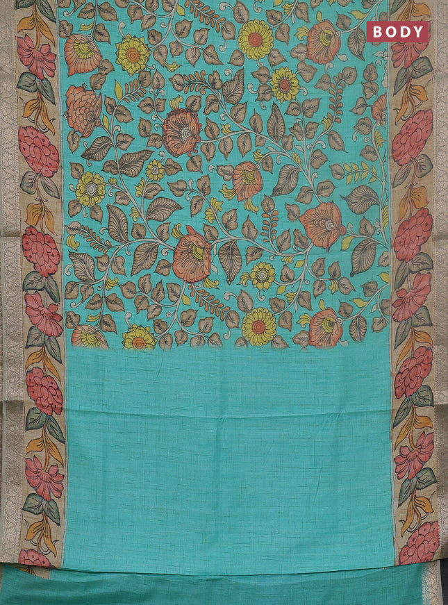 Linen tussar partly saree teal blue and pista green pastel green with kalamkari prints and zari woven border