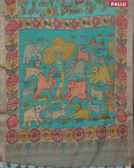 Linen tussar partly saree teal blue and pista green pastel green with kalamkari prints and zari woven border