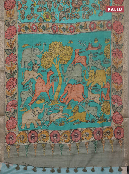 Linen tussar partly saree teal blue and pista green pastel green with kalamkari prints and zari woven border