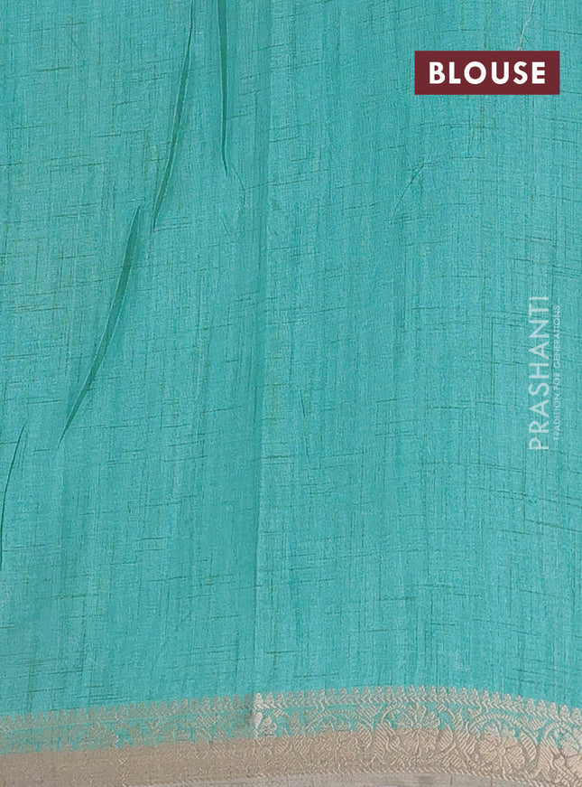 Linen tussar partly saree teal blue and pista green pastel green with kalamkari prints and zari woven border