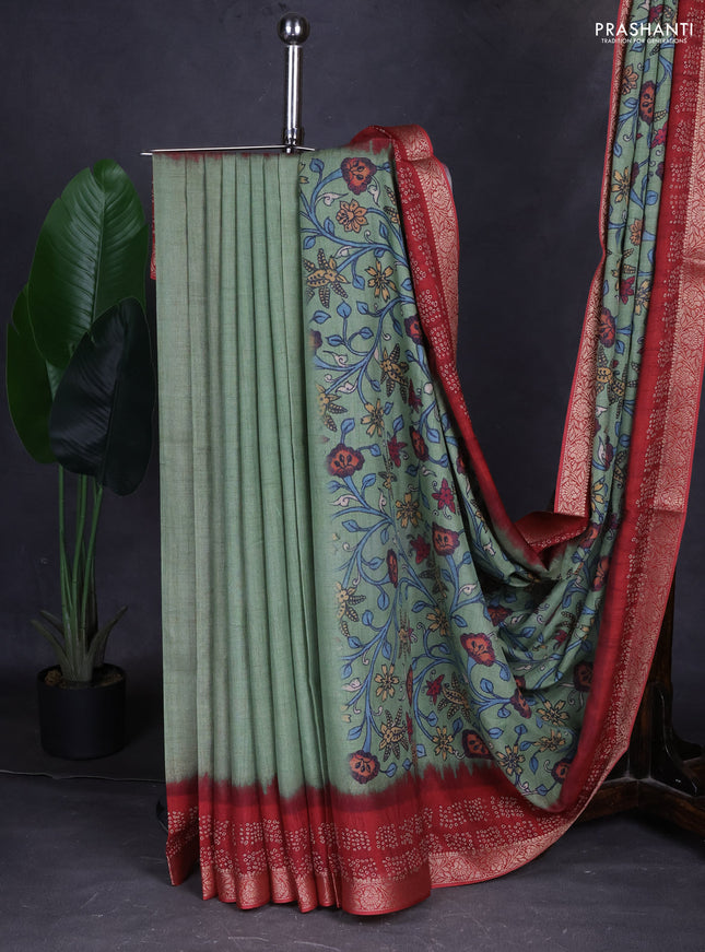 Linen tussar partly saree pastel green and maroon with kalamkari prints and bandhani printed pallu
