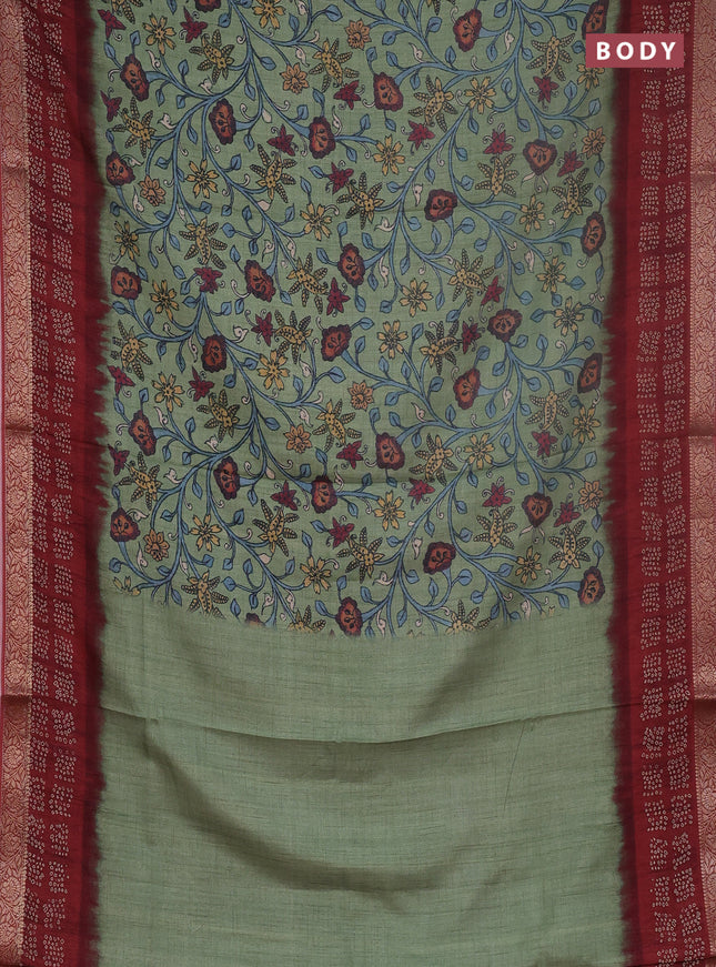 Linen tussar partly saree pastel green and maroon with kalamkari prints and bandhani printed pallu