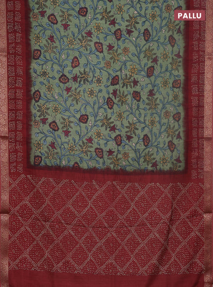 Linen tussar partly saree pastel green and maroon with kalamkari prints and bandhani printed pallu
