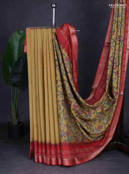Linen tussar partly saree dark mustard and maroon with kalamkari prints and bandhani printed pallu