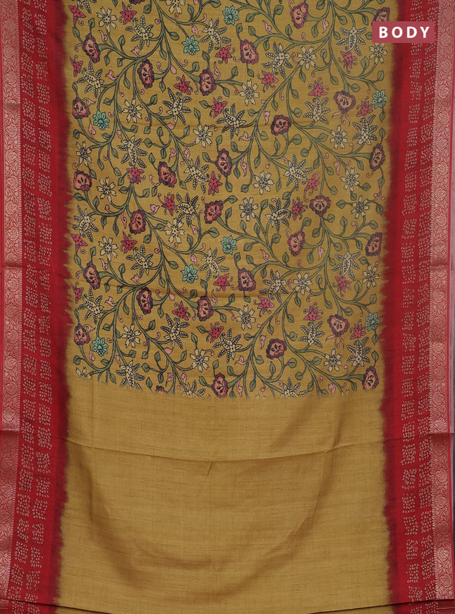 Linen tussar partly saree dark mustard and maroon with kalamkari prints and bandhani printed pallu