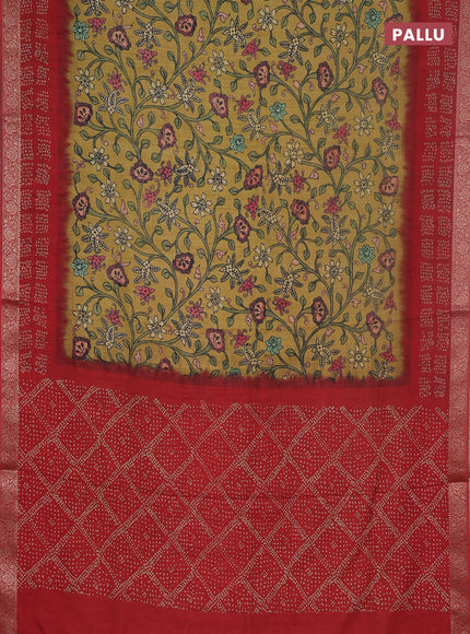 Linen tussar partly saree dark mustard and maroon with kalamkari prints and bandhani printed pallu
