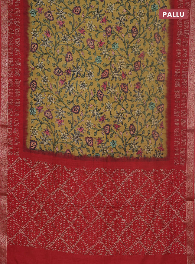 Linen tussar partly saree dark mustard and maroon with kalamkari prints and bandhani printed pallu