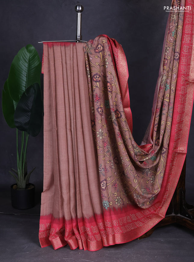 Linen tussar partly saree pastel brown and pink with kalamkari prints and bandhani printed pallu