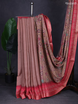 Linen tussar partly saree pastel brown and pink with kalamkari prints and bandhani printed pallu