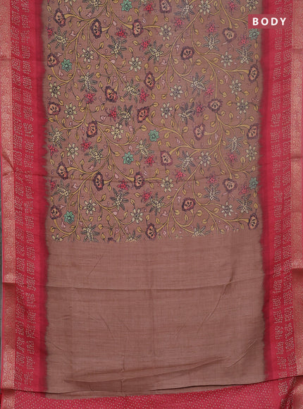 Linen tussar partly saree pastel brown and pink with kalamkari prints and bandhani printed pallu