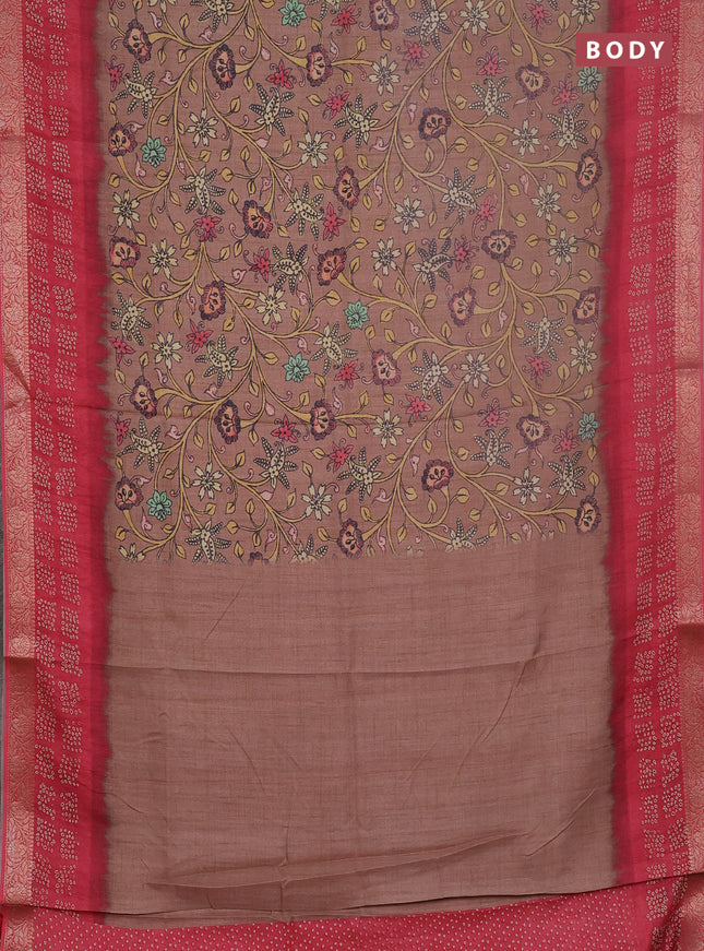 Linen tussar partly saree pastel brown and pink with kalamkari prints and bandhani printed pallu