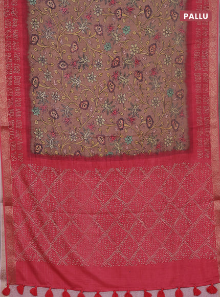 Linen tussar partly saree pastel brown and pink with kalamkari prints and bandhani printed pallu