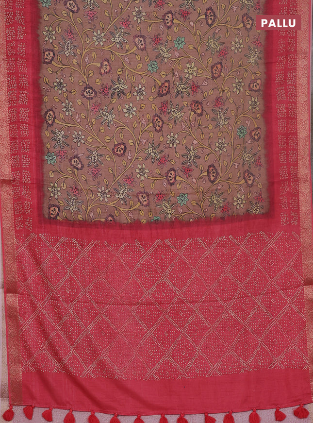 Linen tussar partly saree pastel brown and pink with kalamkari prints and bandhani printed pallu
