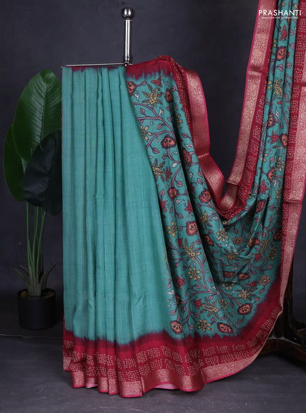 Linen tussar partly saree teal green and dark pink with kalamkari prints and bandhani printed pallu