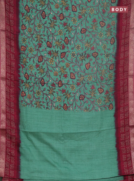 Linen tussar partly saree teal green and dark pink with kalamkari prints and bandhani printed pallu