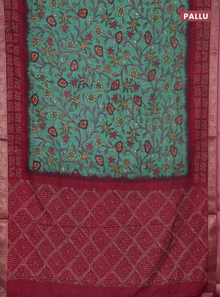 Linen tussar partly saree teal green and dark pink with kalamkari prints and bandhani printed pallu