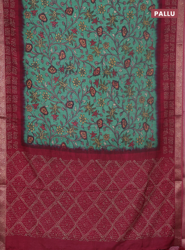 Linen tussar partly saree teal green and dark pink with kalamkari prints and bandhani printed pallu
