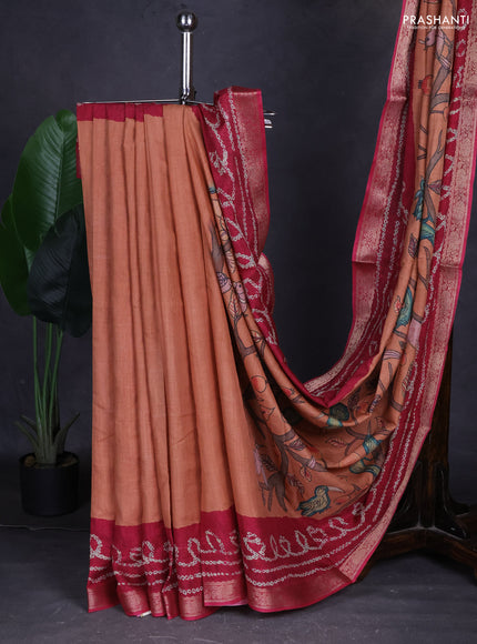 Linen tussar partly saree rust shade and dark pink with kalamkari prints and bandhani printed pallu