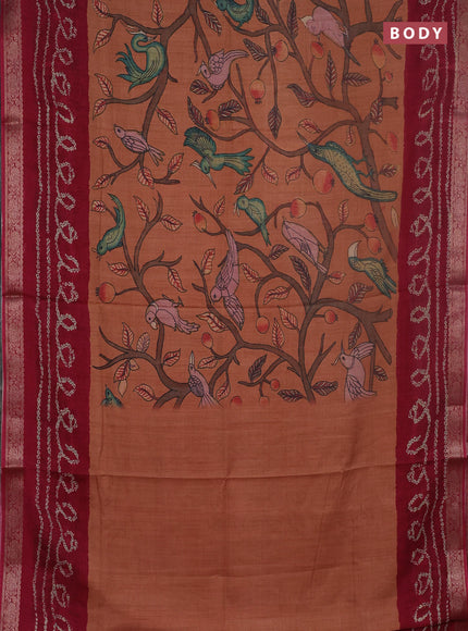 Linen tussar partly saree rust shade and dark pink with kalamkari prints and bandhani printed pallu