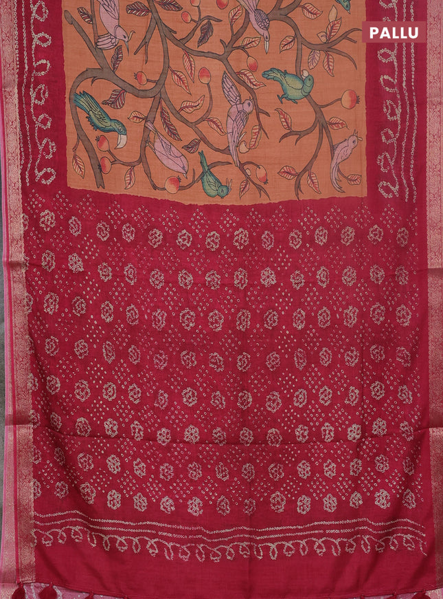 Linen tussar partly saree rust shade and dark pink with kalamkari prints and bandhani printed pallu