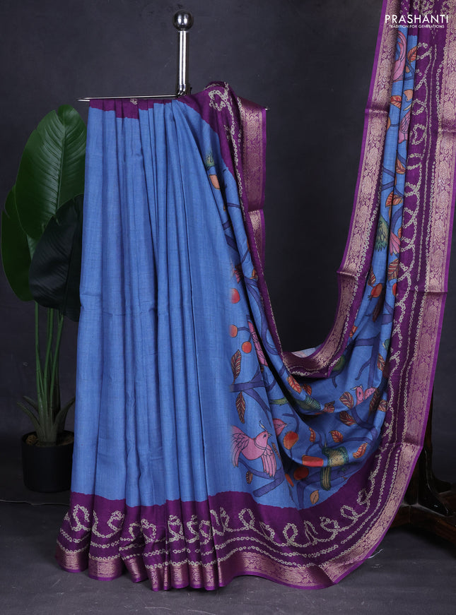 Linen tussar partly saree blue and purple with kalamkari prints and bandhani printed pallu