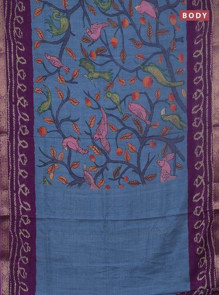 Linen tussar partly saree blue and purple with kalamkari prints and bandhani printed pallu