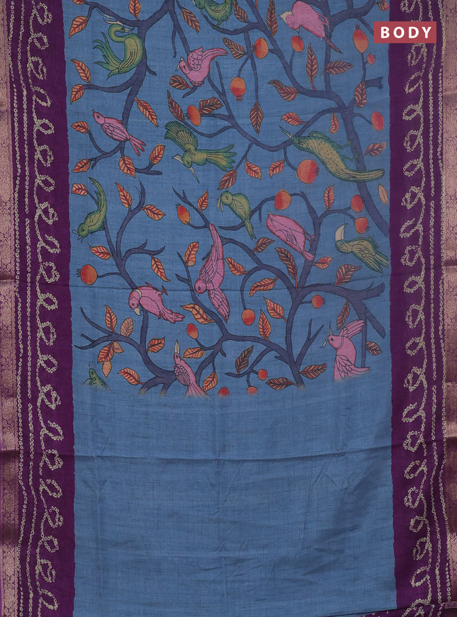 Linen tussar partly saree blue and purple with kalamkari prints and bandhani printed pallu