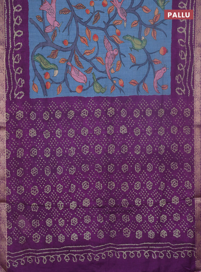 Linen tussar partly saree blue and purple with kalamkari prints and bandhani printed pallu