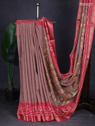 Linen tussar partly saree brown and dark peach with kalamkari prints and bandhani printed pallu