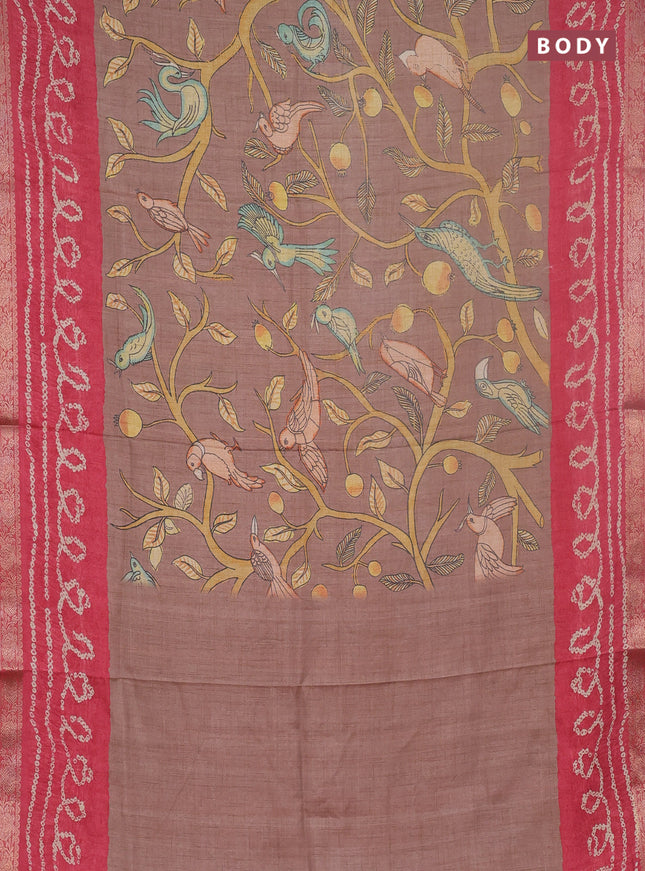 Linen tussar partly saree brown and dark peach with kalamkari prints and bandhani printed pallu