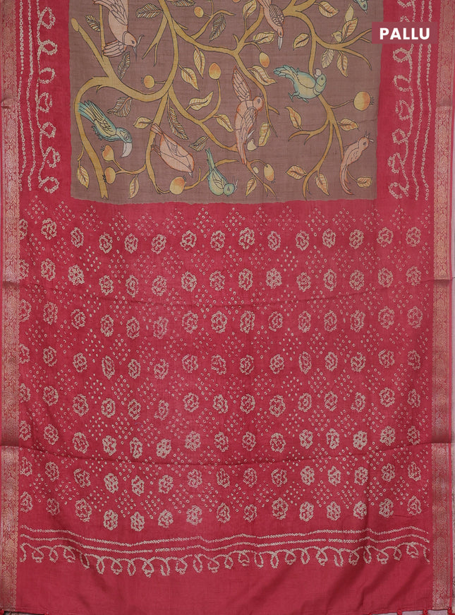 Linen tussar partly saree brown and dark peach with kalamkari prints and bandhani printed pallu