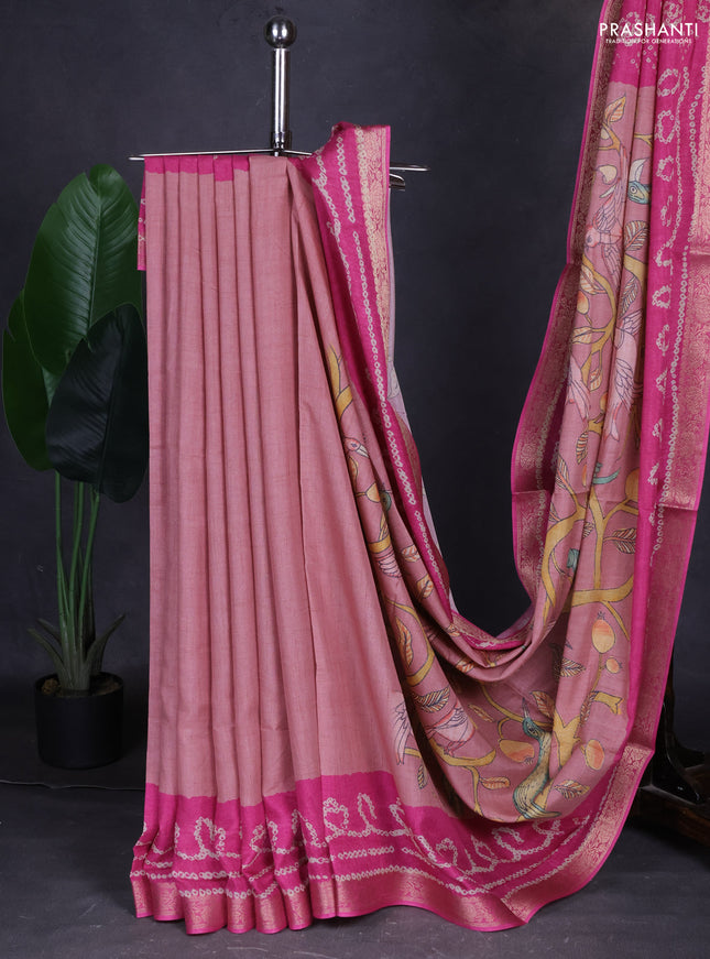 Linen tussar partly saree pastel peach pink and pink with kalamkari prints and bandhani printed pallu
