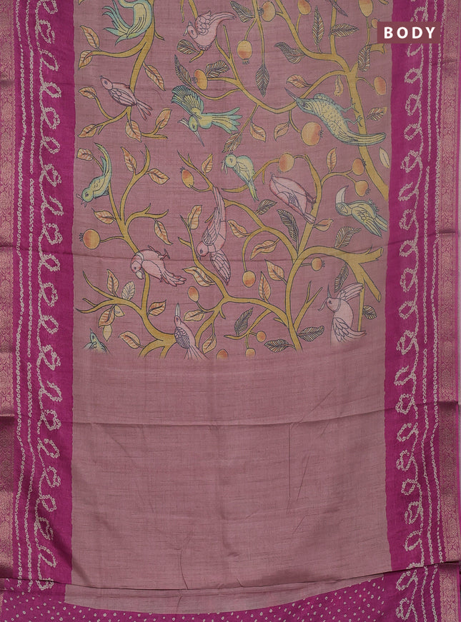 Linen tussar partly saree pastel peach pink and pink with kalamkari prints and bandhani printed pallu