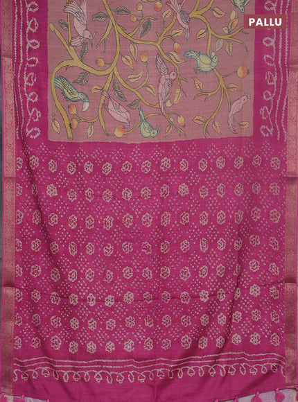 Linen tussar partly saree pastel peach pink and pink with kalamkari prints and bandhani printed pallu