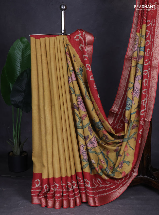 Linen tussar partly saree dark mustard and maroon with kalamkari prints and bandhani printed pallu
