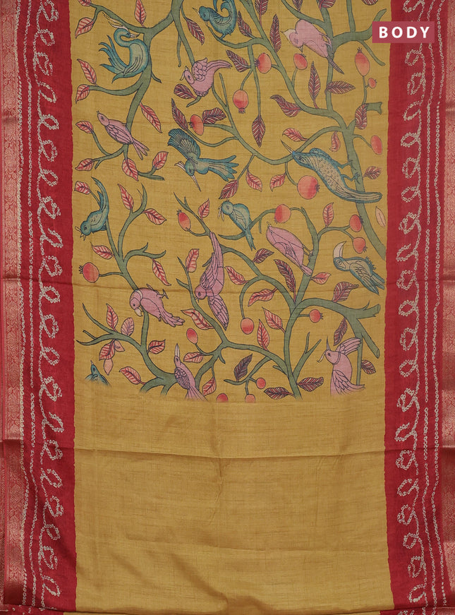 Linen tussar partly saree dark mustard and maroon with kalamkari prints and bandhani printed pallu
