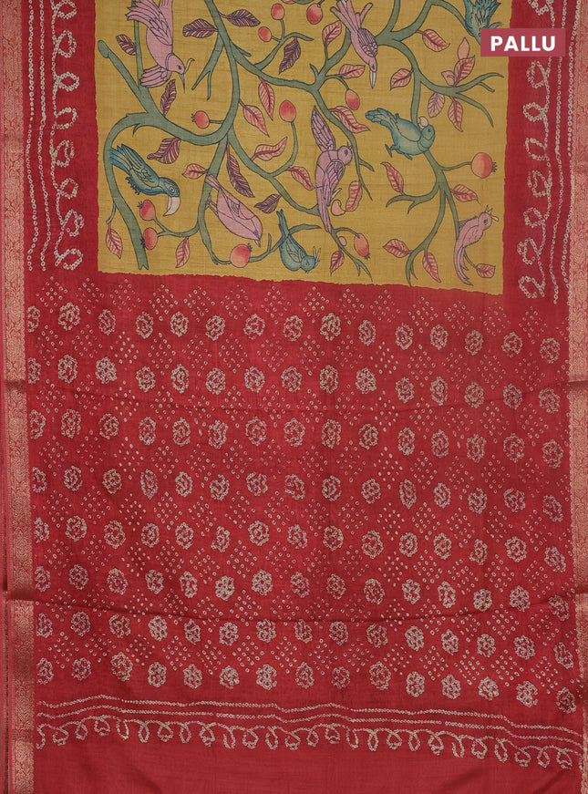 Linen tussar partly saree dark mustard and maroon with kalamkari prints and bandhani printed pallu