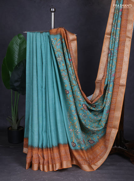 Linen tussar partly saree teal green shade and dark mustard with kalamkari prints and bandhani printed pallu