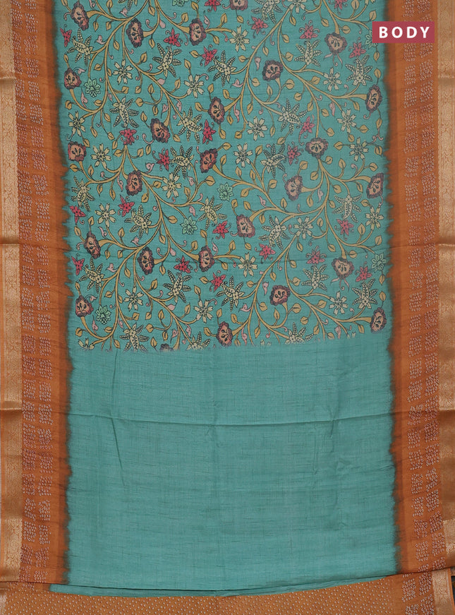 Linen tussar partly saree teal green shade and dark mustard with kalamkari prints and bandhani printed pallu