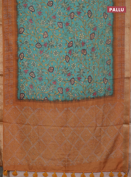 Linen tussar partly saree teal green shade and dark mustard with kalamkari prints and bandhani printed pallu