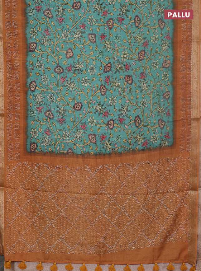 Linen tussar partly saree teal green shade and dark mustard with kalamkari prints and bandhani printed pallu