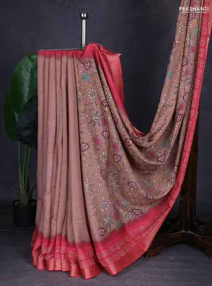 Linen tussar partly saree pastel brown and pink with kalamkari prints and bandhani printed pallu